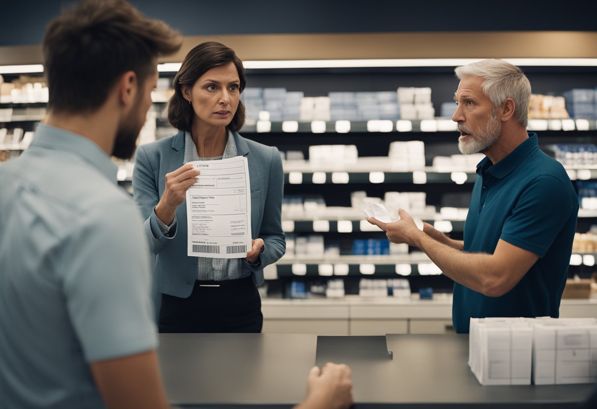 A customer argues with a store manager over a faulty product. The customer holds up a receipt while the manager looks frustrated