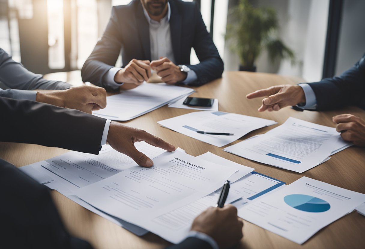 Two individuals pointing at a contract, while a mediator listens attentively. Papers and documents scattered on the table