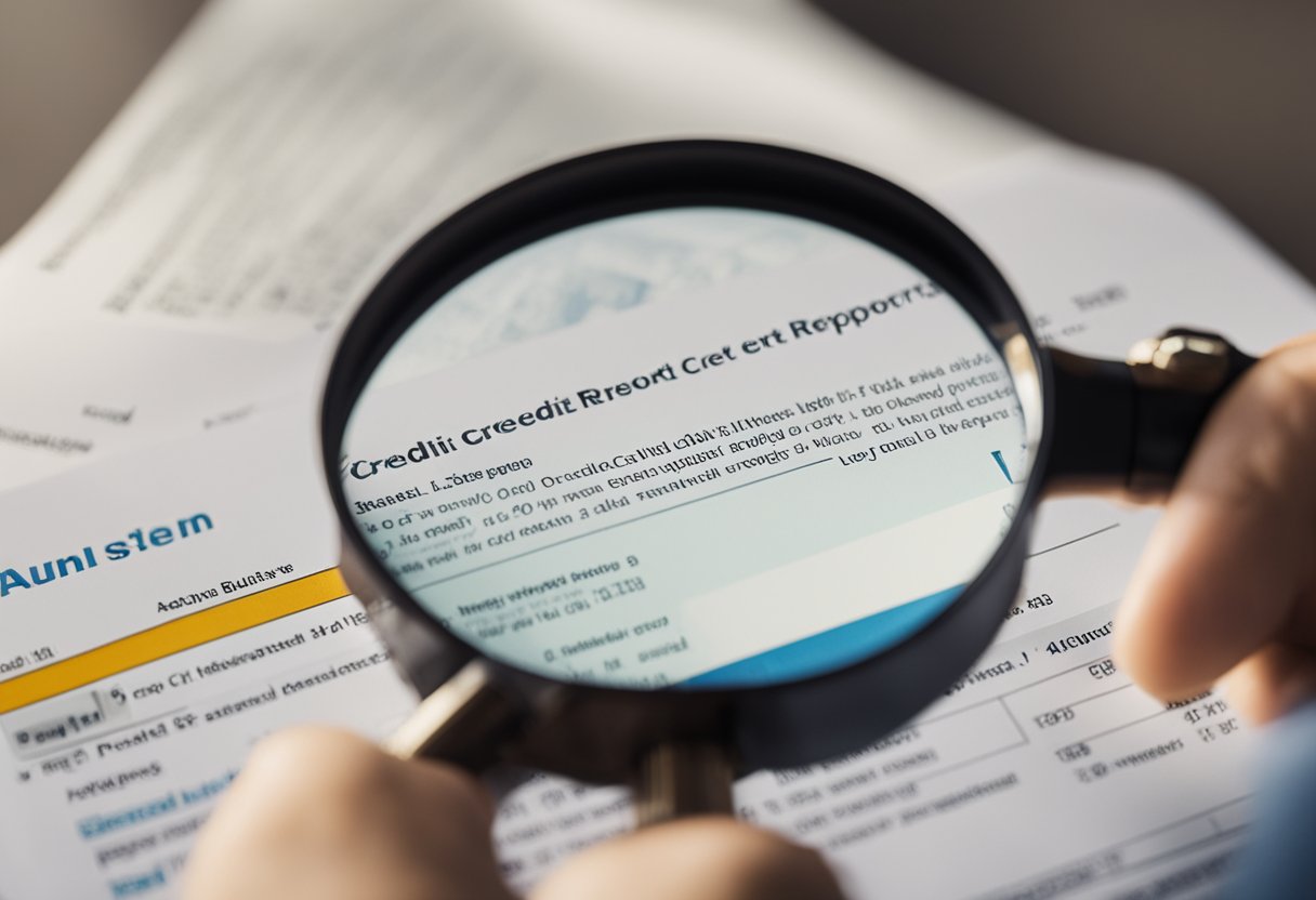 A person reviewing credit reports with a magnifying glass, while a dispute letter is being sent to a credit bureau