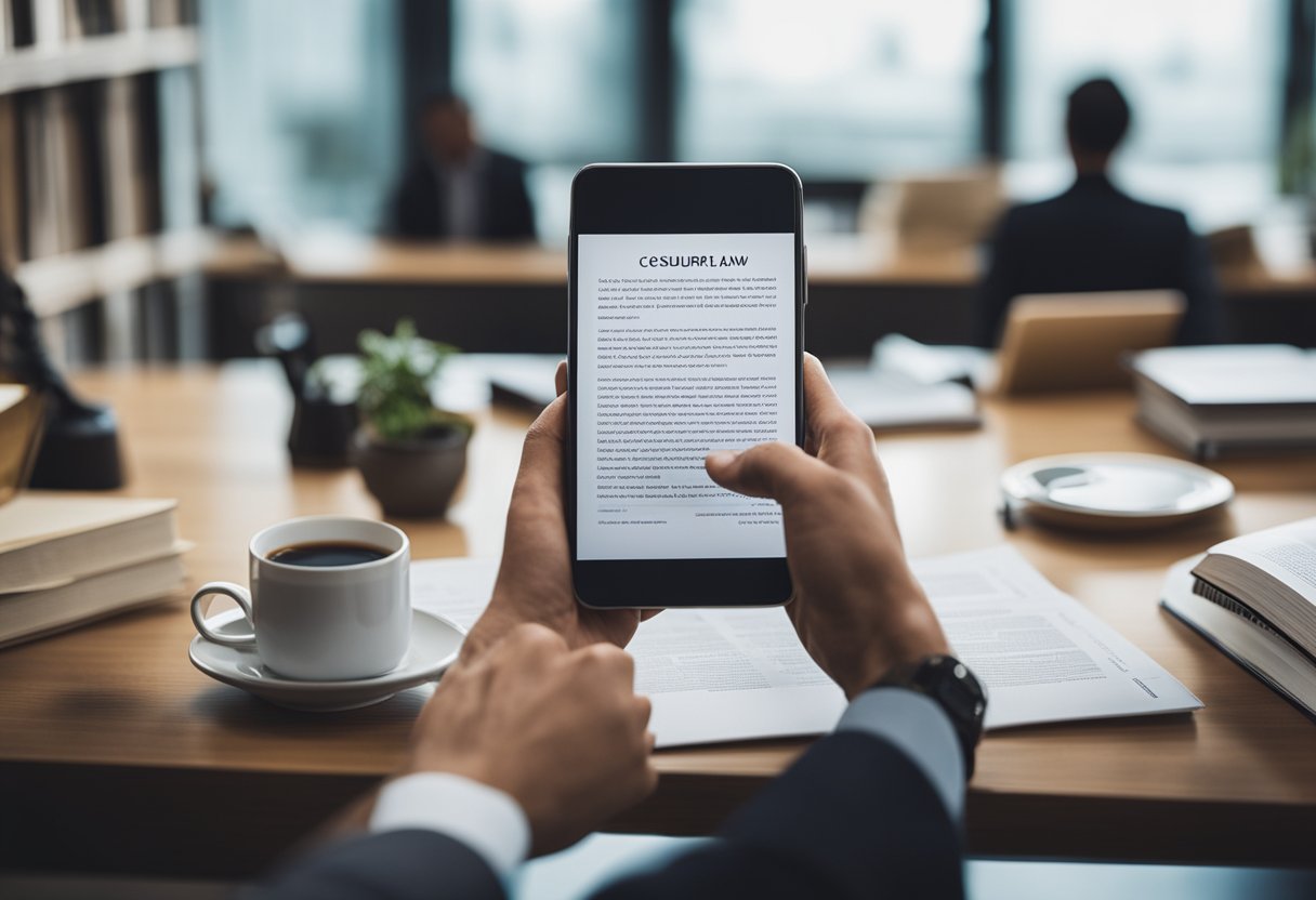 A person reading consumer law resources with support materials nearby