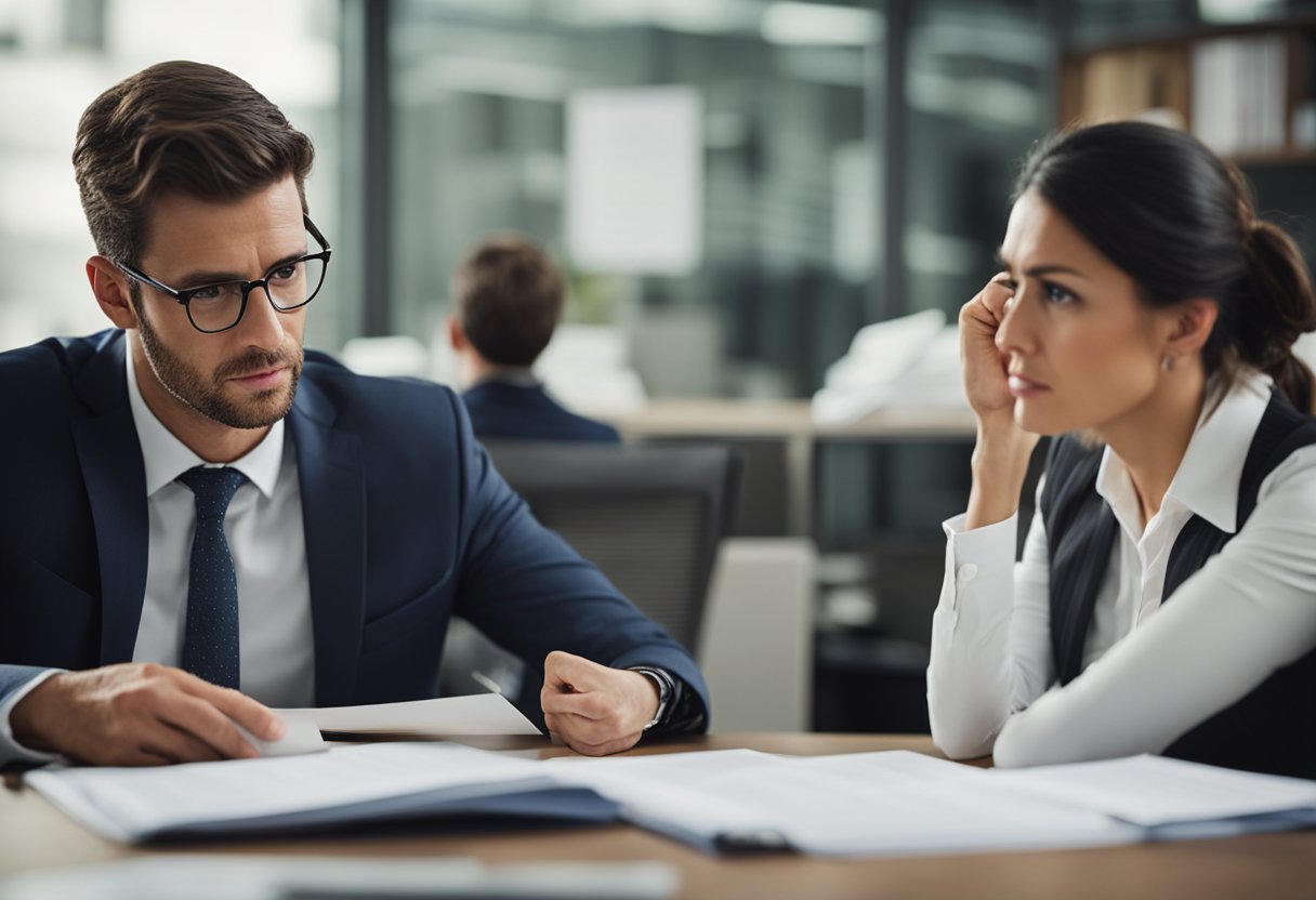 A frustrated customer points to a list of questions while a stern-looking lawyer listens attentively