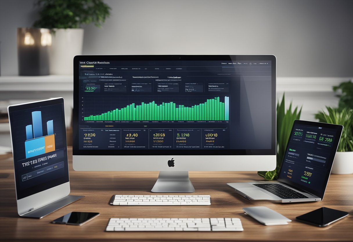 A computer screen displaying various credit repair websites, with charts and graphs showing progress