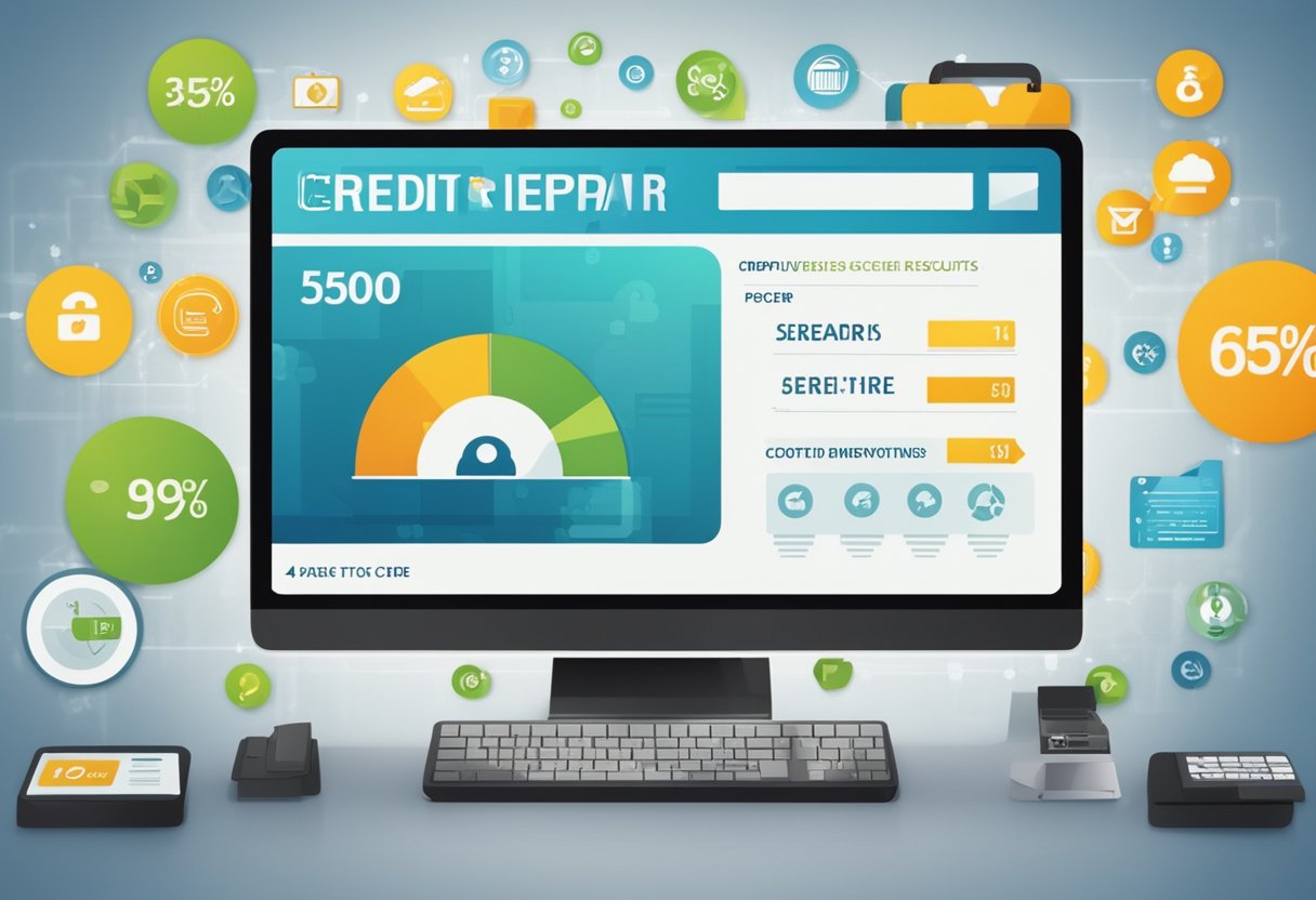 A computer screen displaying a credit repair website with a progress bar and positive results. Icons for credit score improvement and financial success surround the screen