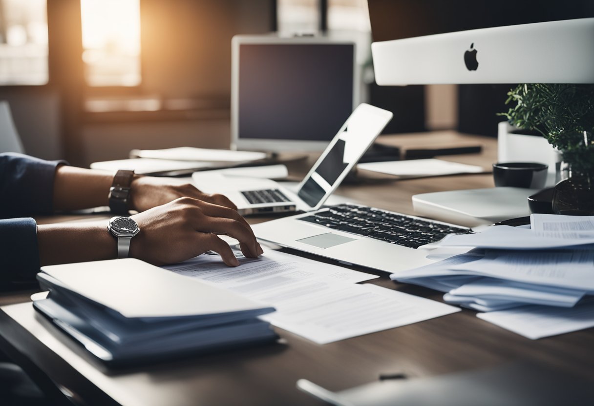 A person sitting at a desk, surrounded by paperwork and a computer, while researching credit repair companies on various websites