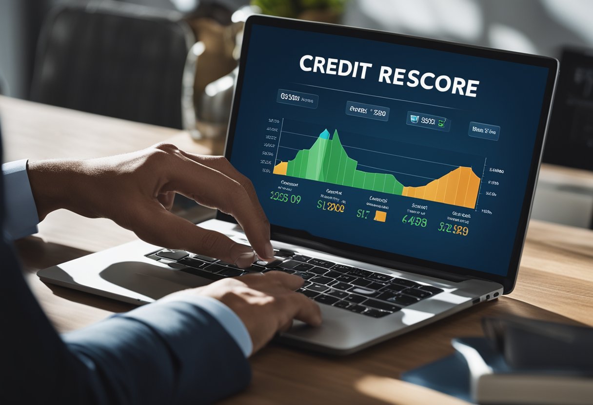 A person typing on a laptop while visiting credit repair websites, with a chart showing credit score improvement in the background