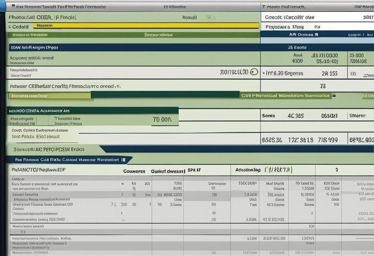 A computer screen displays DIY credit repair software with a progress bar and a list of financial accounts. The mouse hovers over a button labeled "Repair Credit."