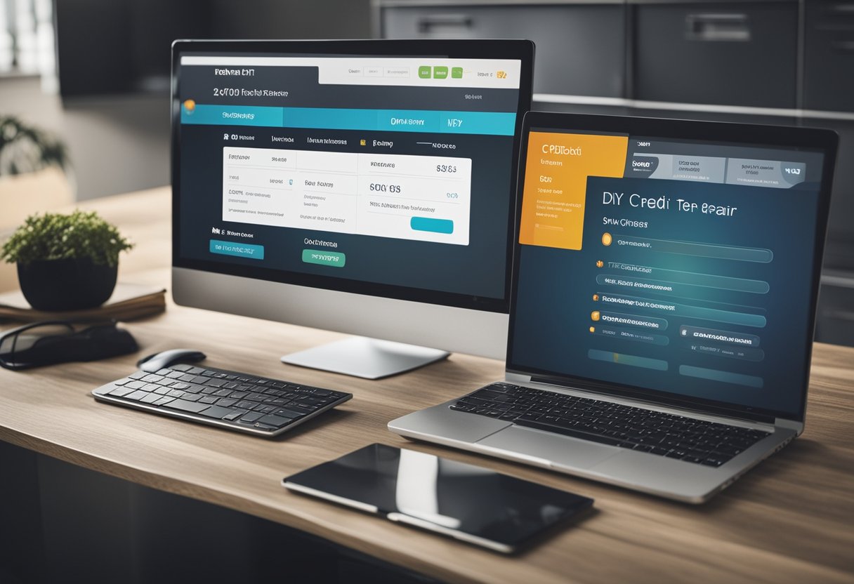 A computer screen displaying a DIY credit repair software interface, with various tools and options for managing credit scores and reports