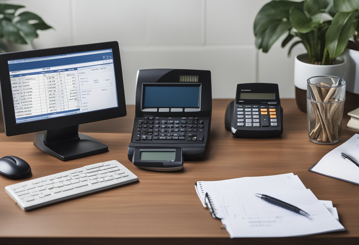 A desk with a computer, calculator, notepad, and pen. A stack of credit reports and a DIY credit repair software box