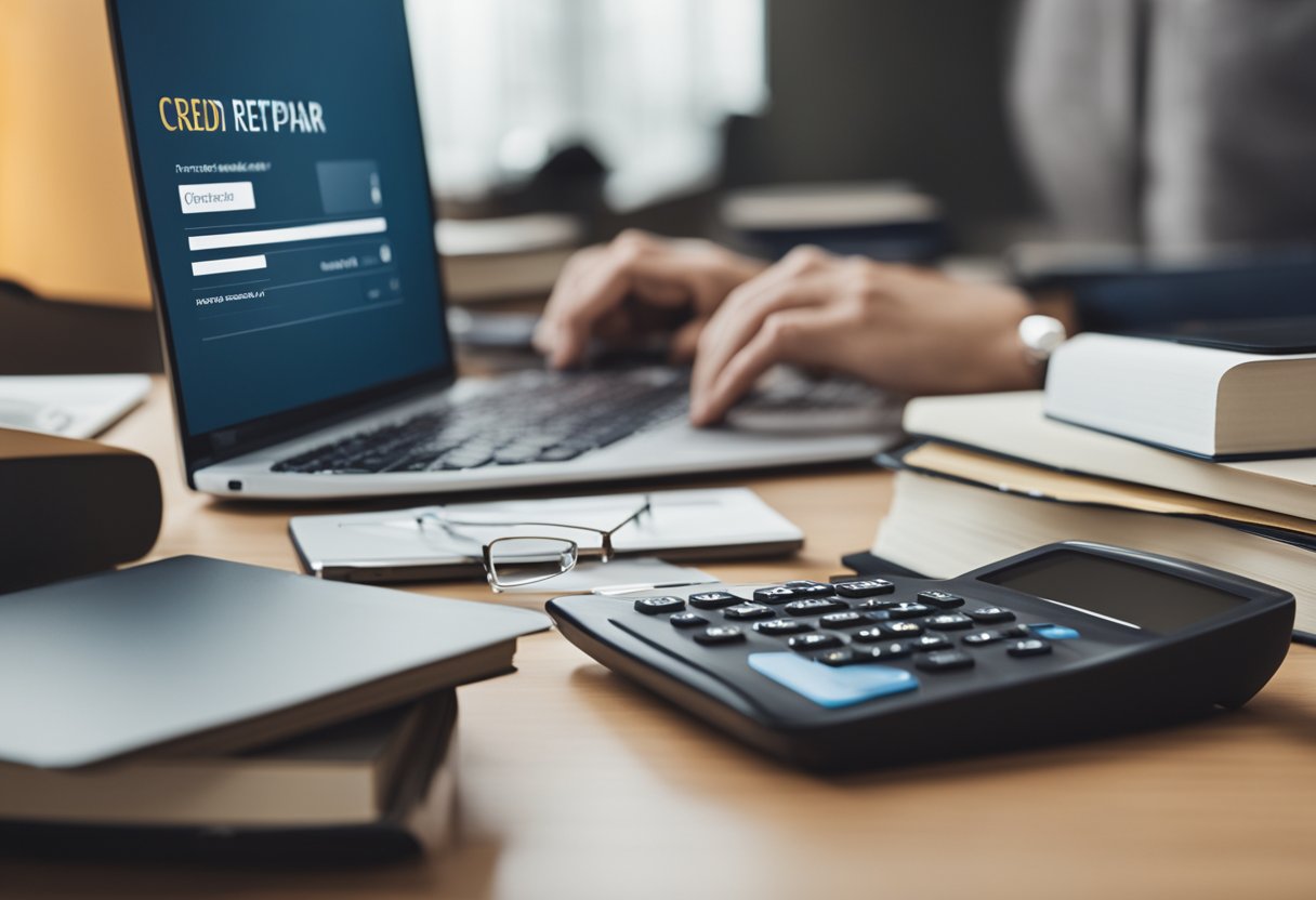 A person using a computer to access additional resources for DIY credit repair, with books, a calculator, and a credit report spread out on the desk