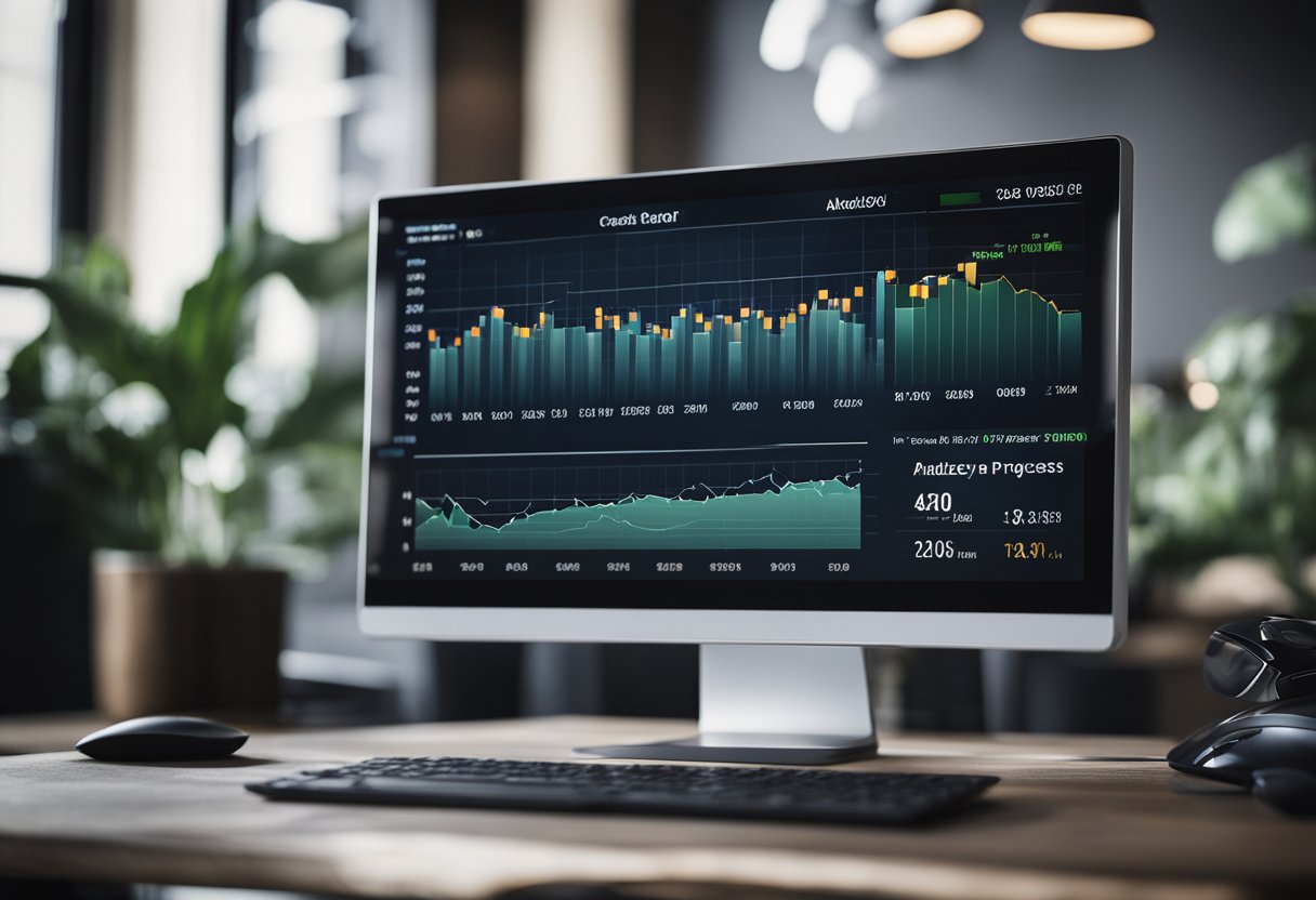 A computer screen displays a user-friendly interface with graphs and charts, indicating credit repair progress. A mouse hovers over the "analyze" button