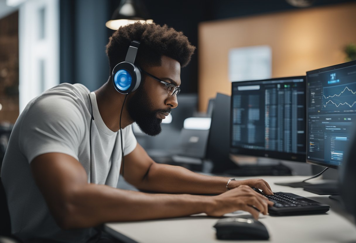 A person using a computer to research and compare different credit repair providers, with a thoughtful expression on their face