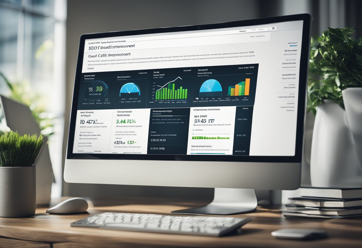 A computer screen displaying a graph of credit score improvement over time, with a list of strategies for maximizing improvement