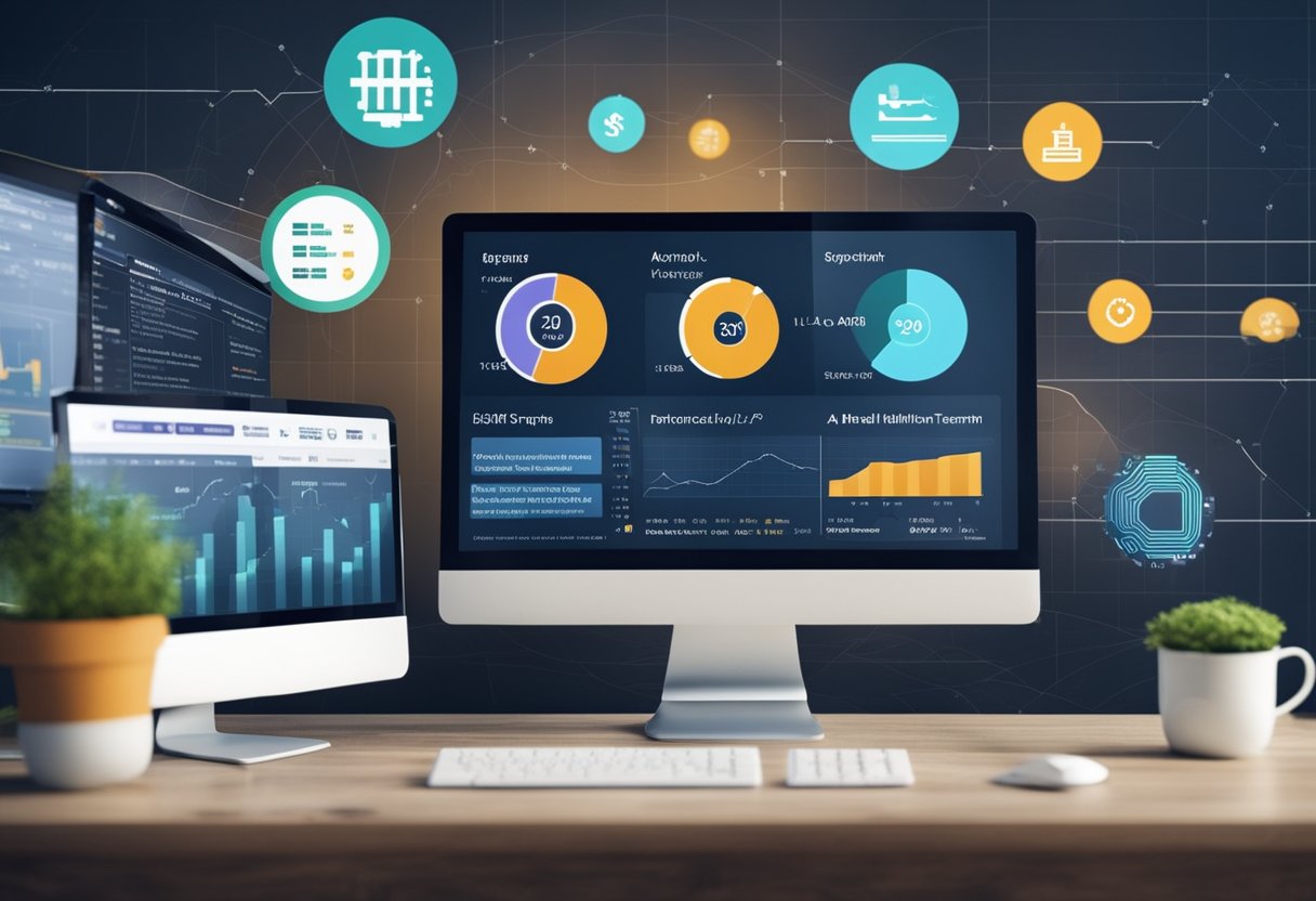 A computer screen displays "Beyond Software: Building Long-Term Financial Health" with AI credit repair tools. Graphs show financial progress