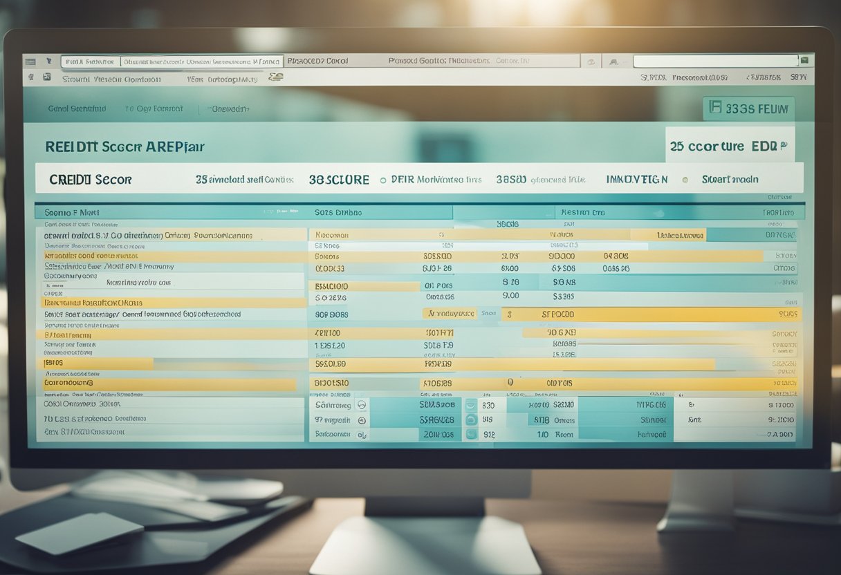 A computer screen displays a user-friendly interface of credit repair software, with options for dispute letters, credit monitoring, and score tracking