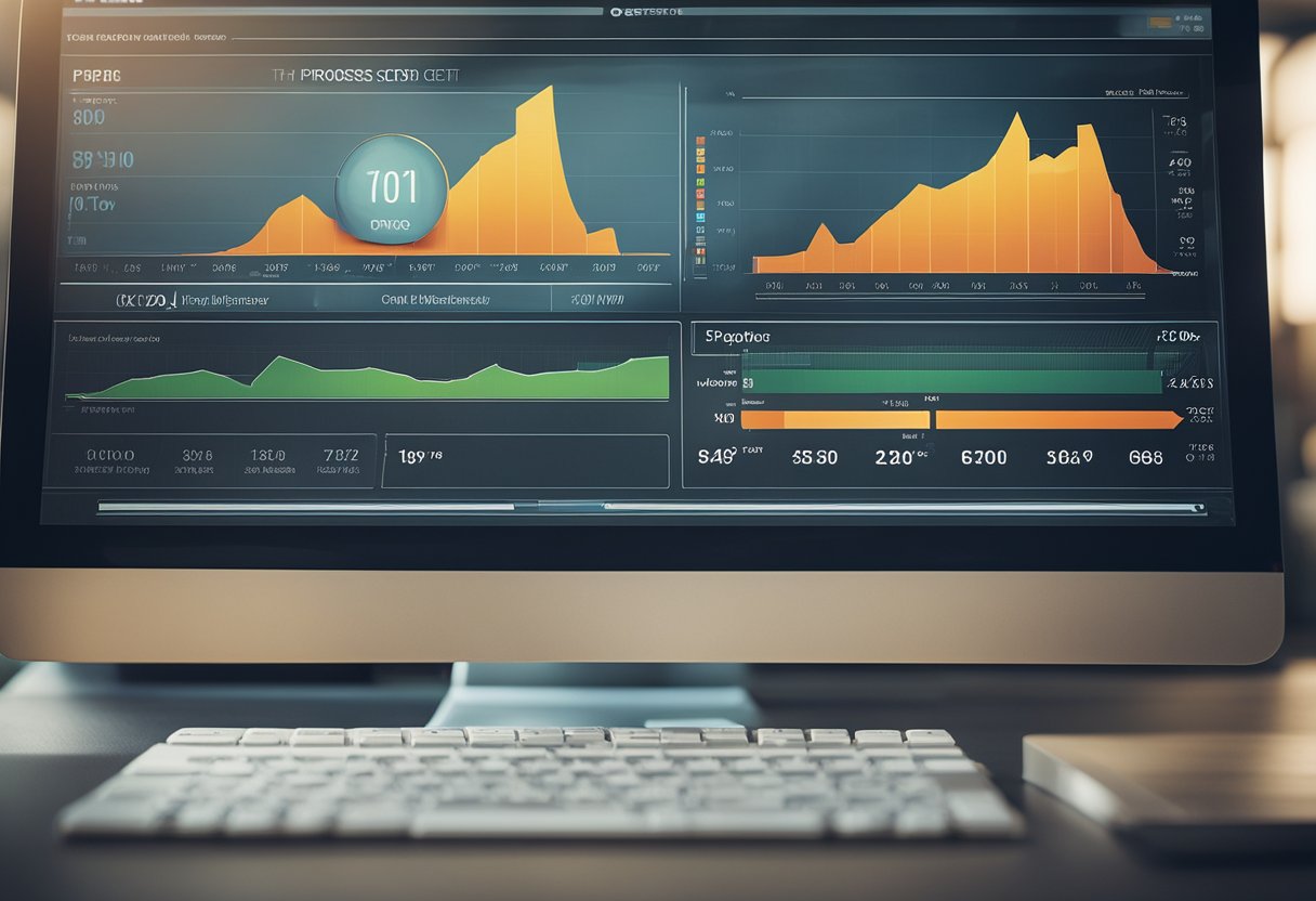 A computer screen displays a credit fixer software interface with progress bars and graphs, showing improvement in personal credit management