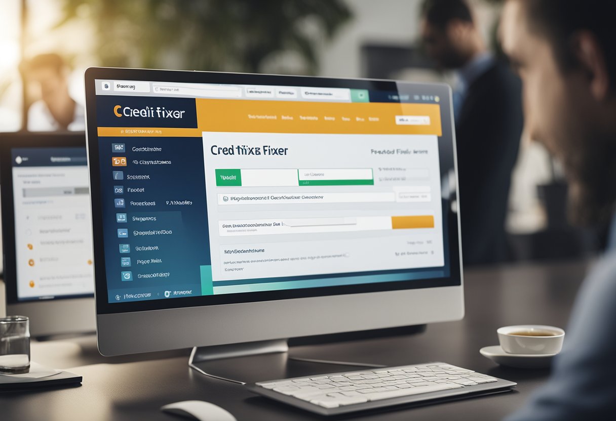 The credit fixer software logo is displayed prominently on a computer screen, surrounded by a list of frequently asked questions in a clean and modern interface
