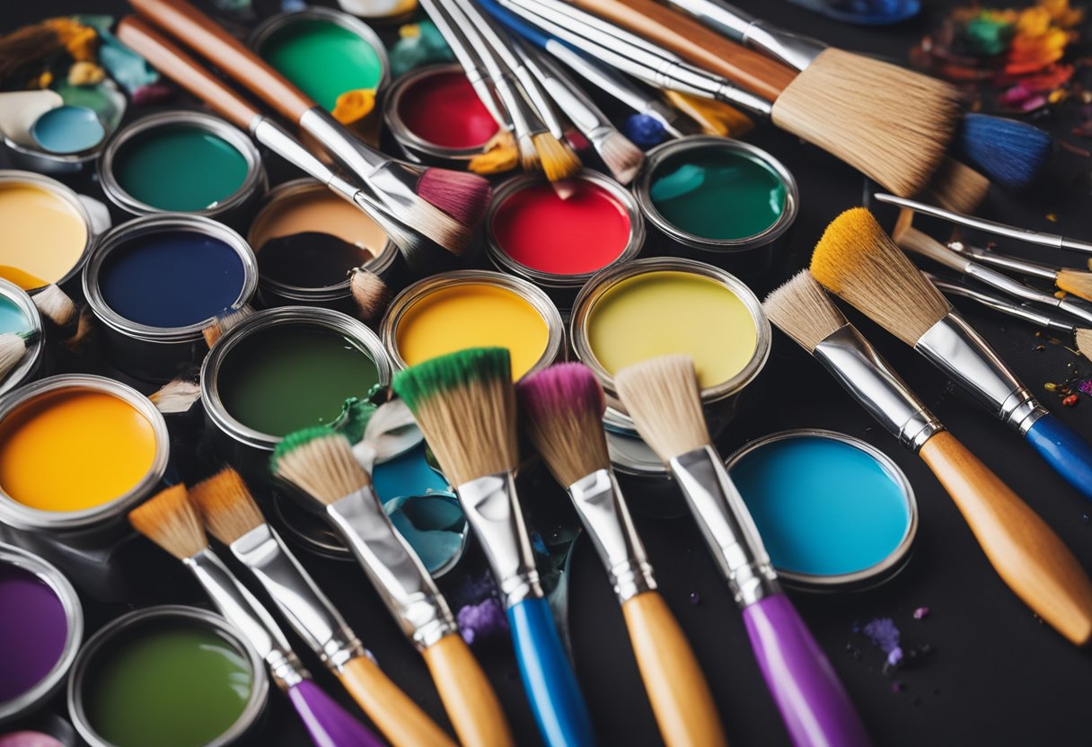 A colorful palette of paintbrushes and tubes scattered on a messy desk, with a blank canvas waiting to be filled with vibrant creativity