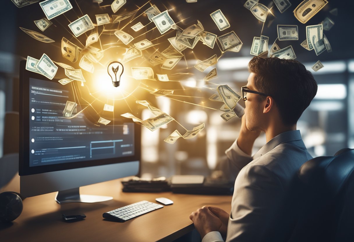 A person holding a broken credit card while looking at a computer screen showing a credit report with negative marks. A light bulb above their head symbolizes the idea of credit repair