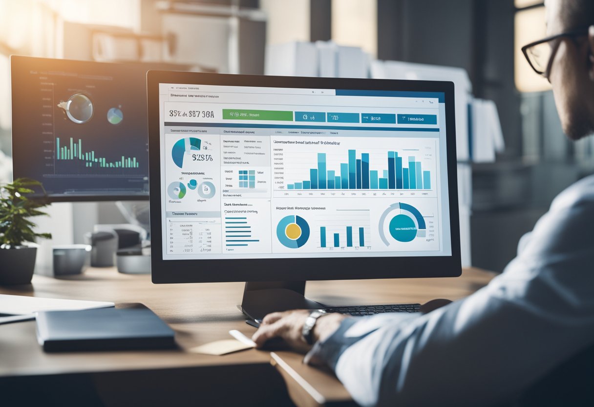 A person reviewing a credit report on a computer screen, surrounded by charts and graphs, with a magnifying glass highlighting specific details