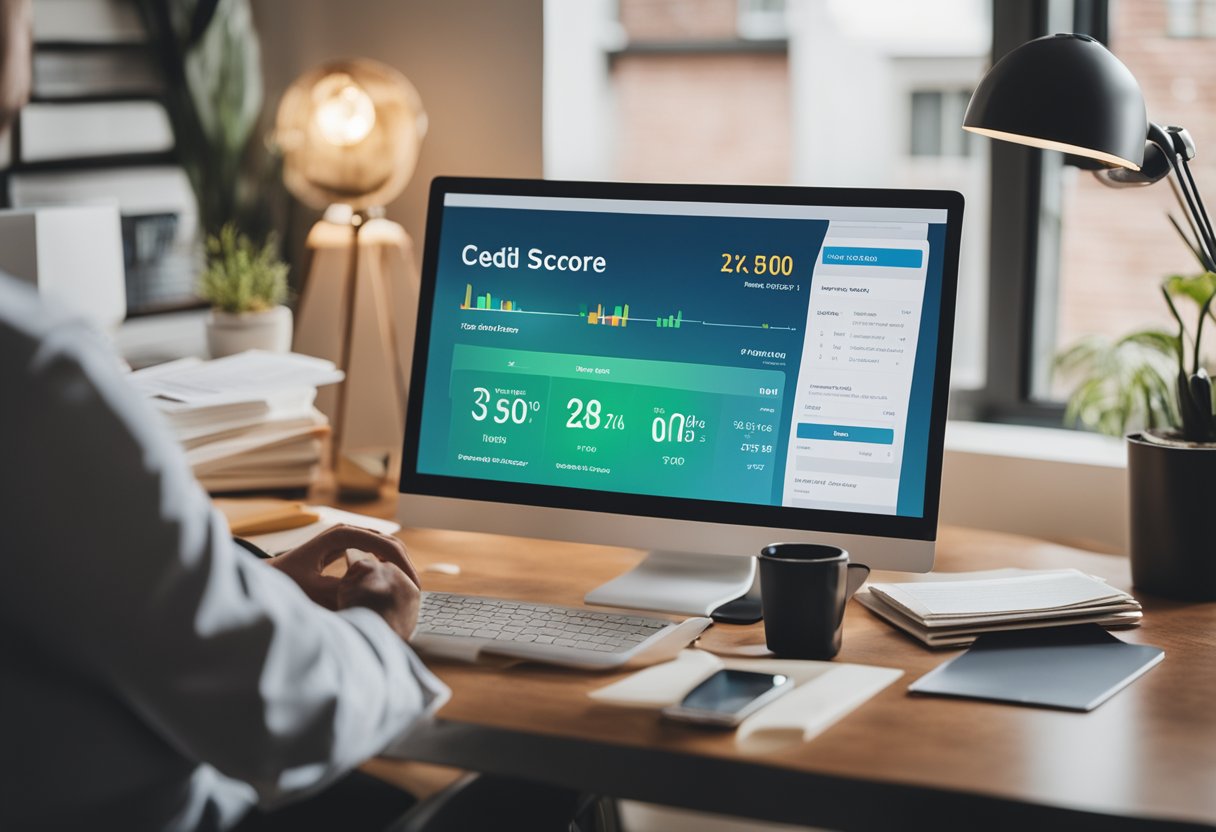 A person checking their credit score on a computer, surrounded by financial documents and a vision board of their credit goals