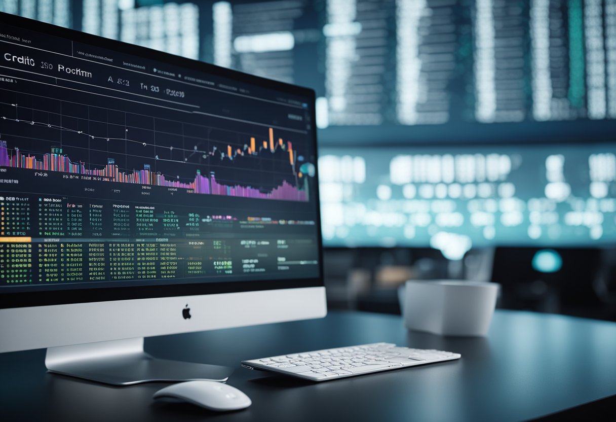 A computer screen displaying AI credit scoring algorithms in action, with data points and graphs visualizing creditworthiness