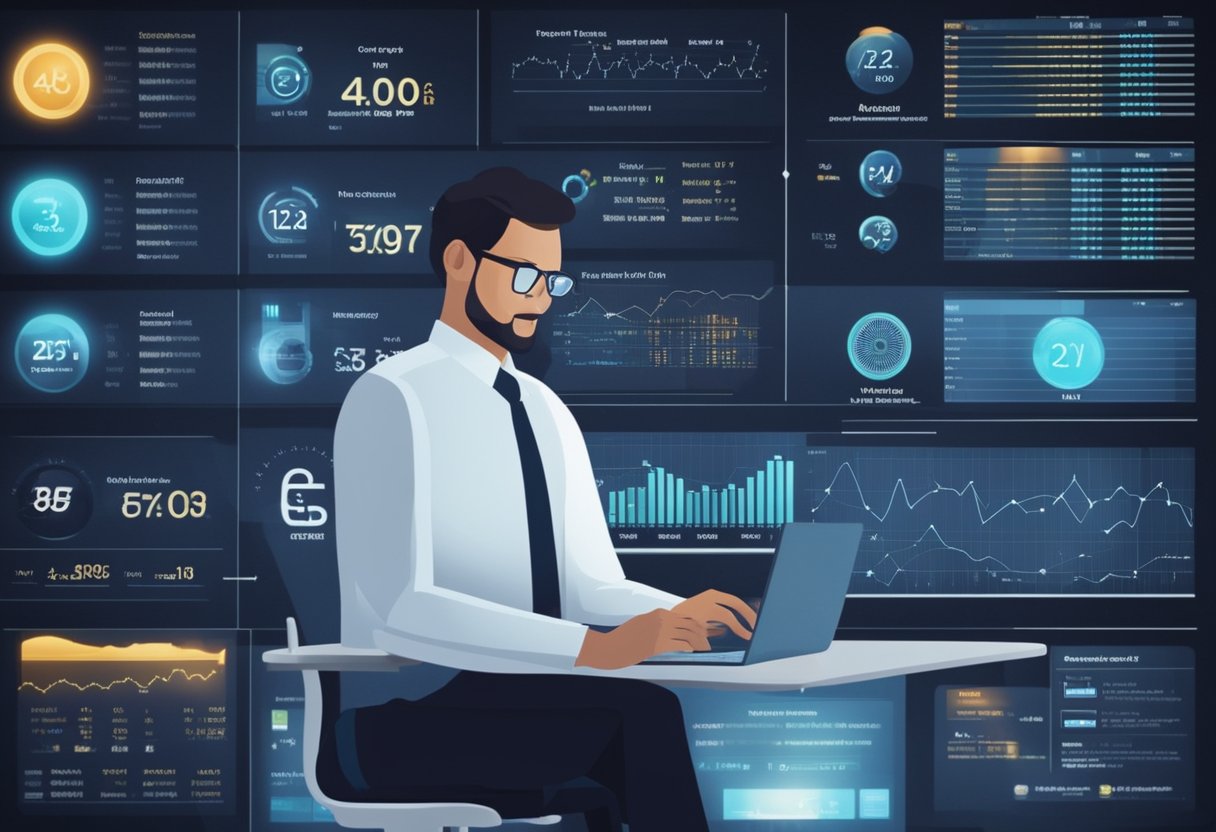 An AI algorithm analyzes financial data on a digital interface, generating a credit score. Graphs and charts display the assessment process