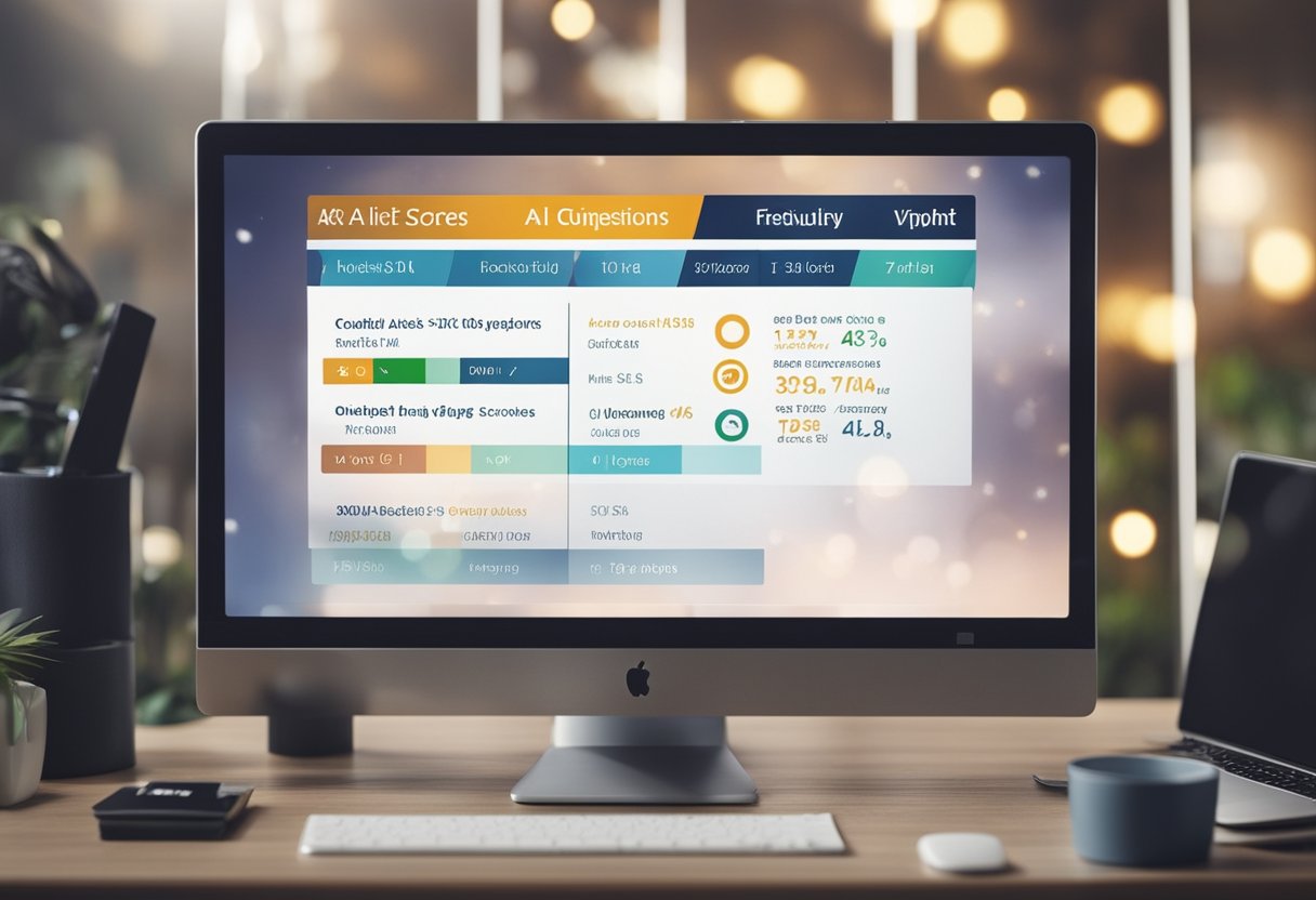 A computer screen displaying a list of frequently asked questions about AI credit scores, with a stylized logo in the corner