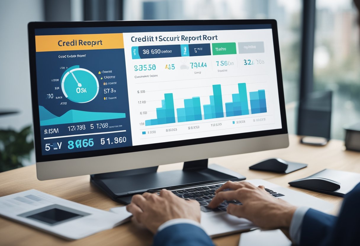 A computer screen displays a credit report and score, with a smart dispute AI system analyzing and processing information