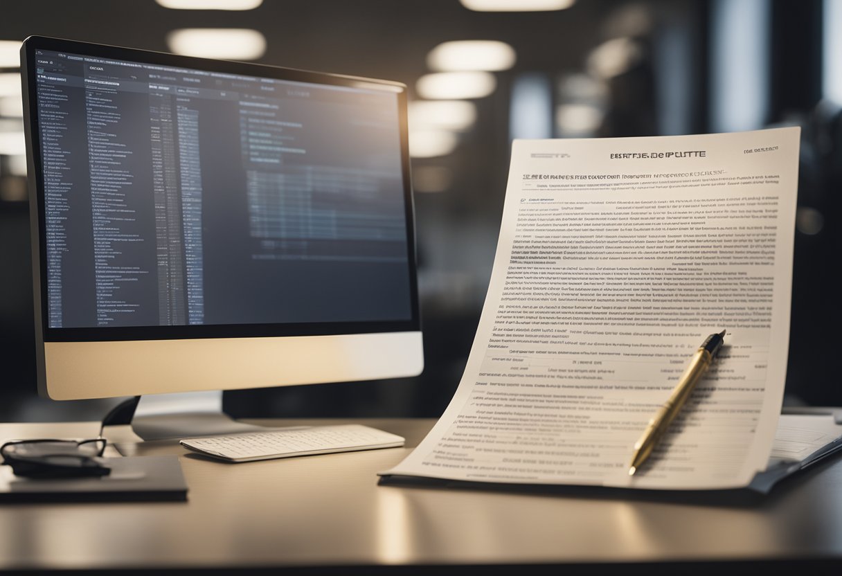 A computer screen displaying a smart dispute AI analyzing and generating effective dispute letters. A stack of papers and a pen sit nearby