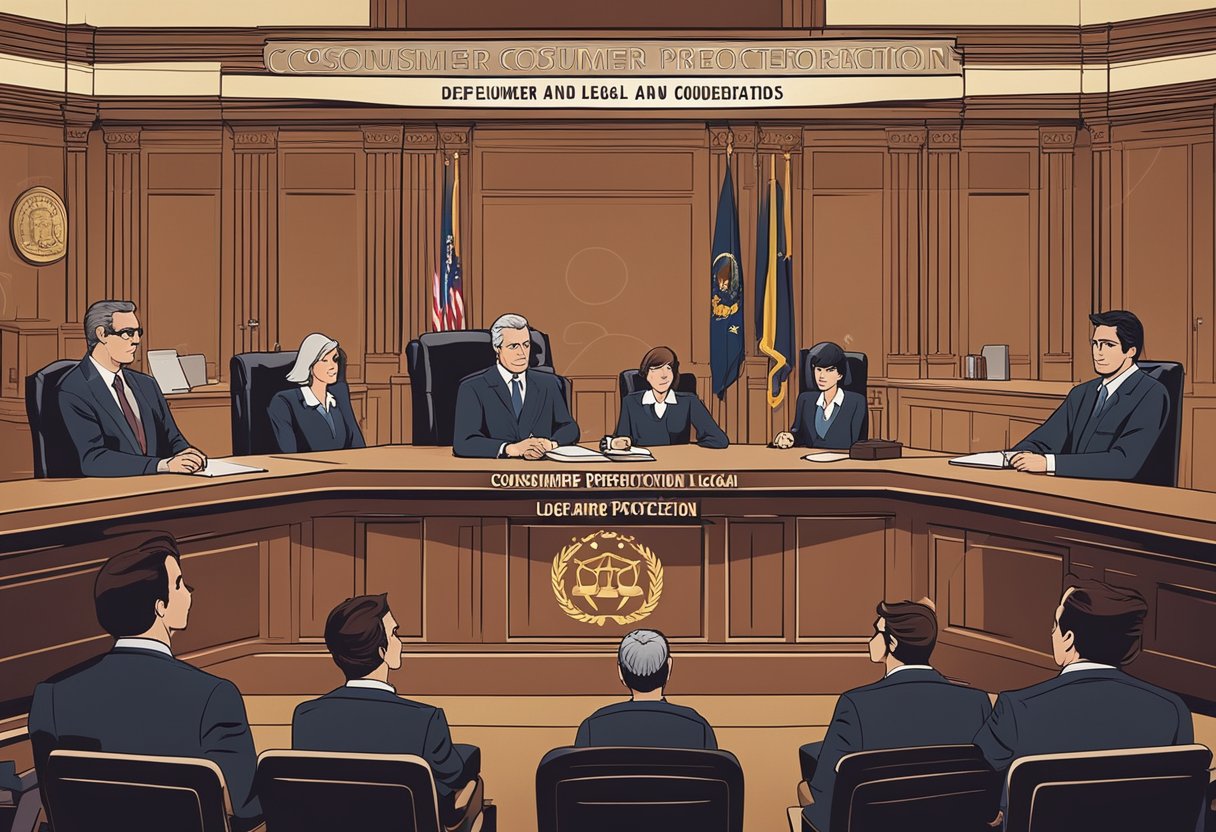 A courtroom with a judge, lawyers, and a defendant, with the words "Consumer Protection and Legal Considerations" displayed on a screen