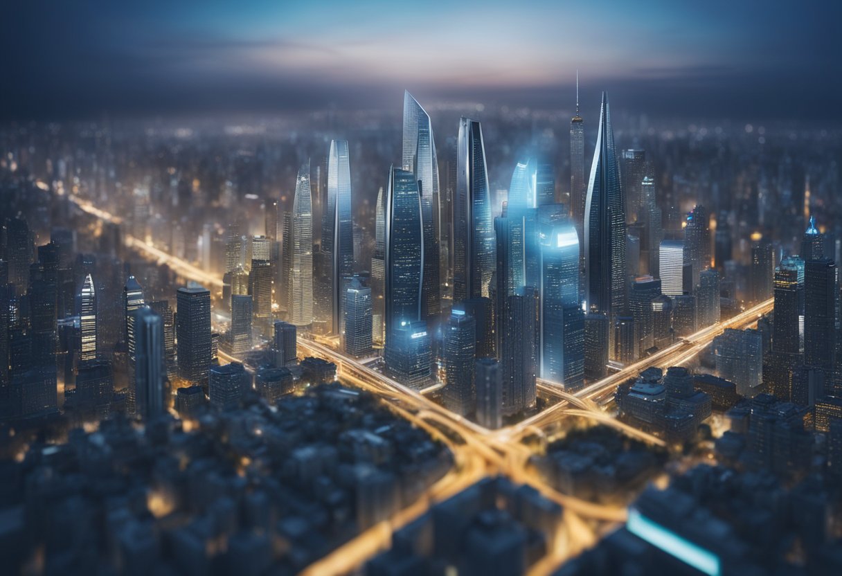 A futuristic city skyline with AI-powered dispute resolution systems integrated into buildings and infrastructure