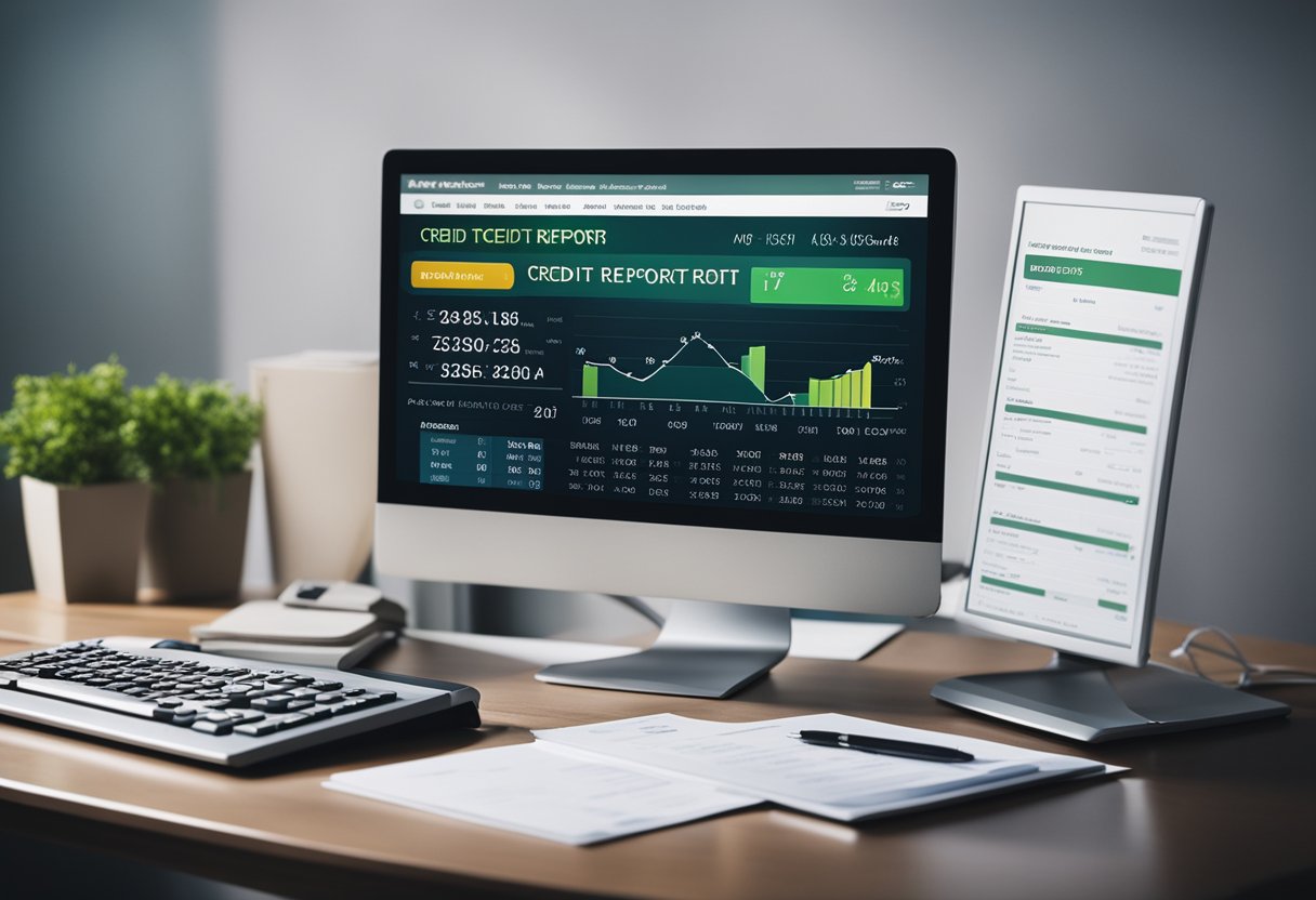 A computer screen displaying a credit report with a score, surrounded by financial documents and a calculator