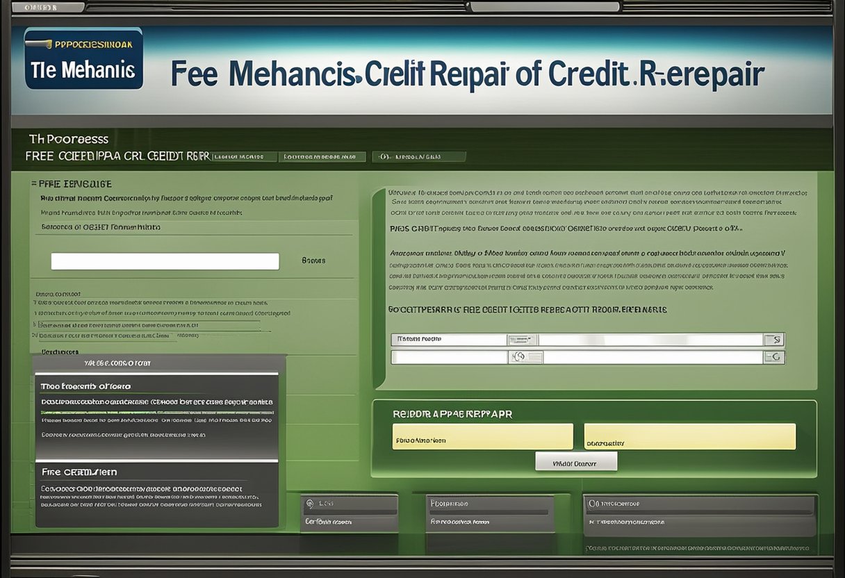 A computer screen displaying "The Mechanics of Credit Repair" website, with a progress bar showing "free credit repair online."