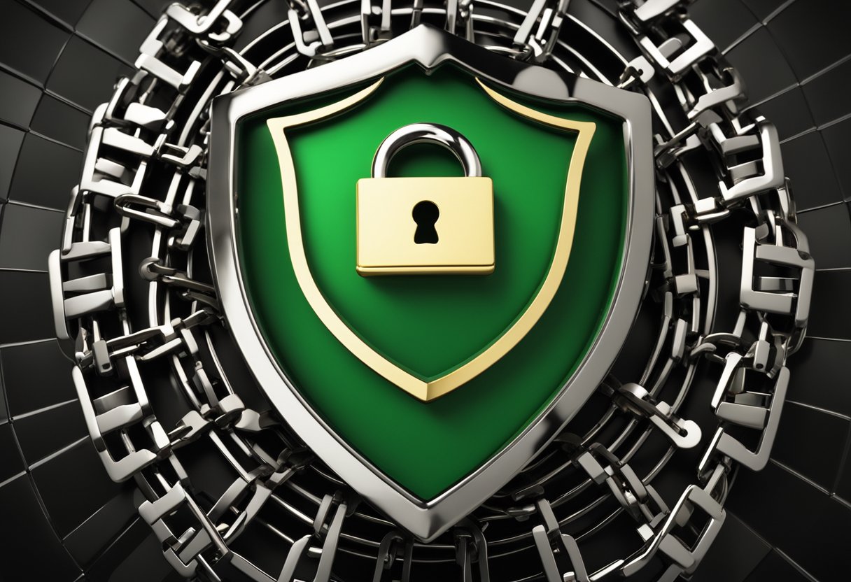 A shield with a lock and key symbolizes protection, while a broken chain represents freedom. A computer screen displays "Protecting Your Credit" with a green checkmark