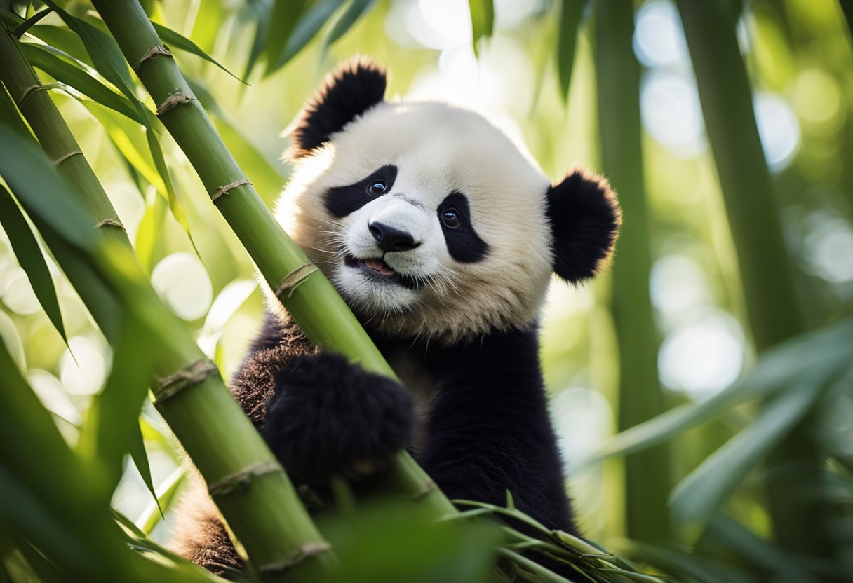 A playful panda cub frolics among bamboo trees, its fluffy fur catching the dappled sunlight filtering through the leaves