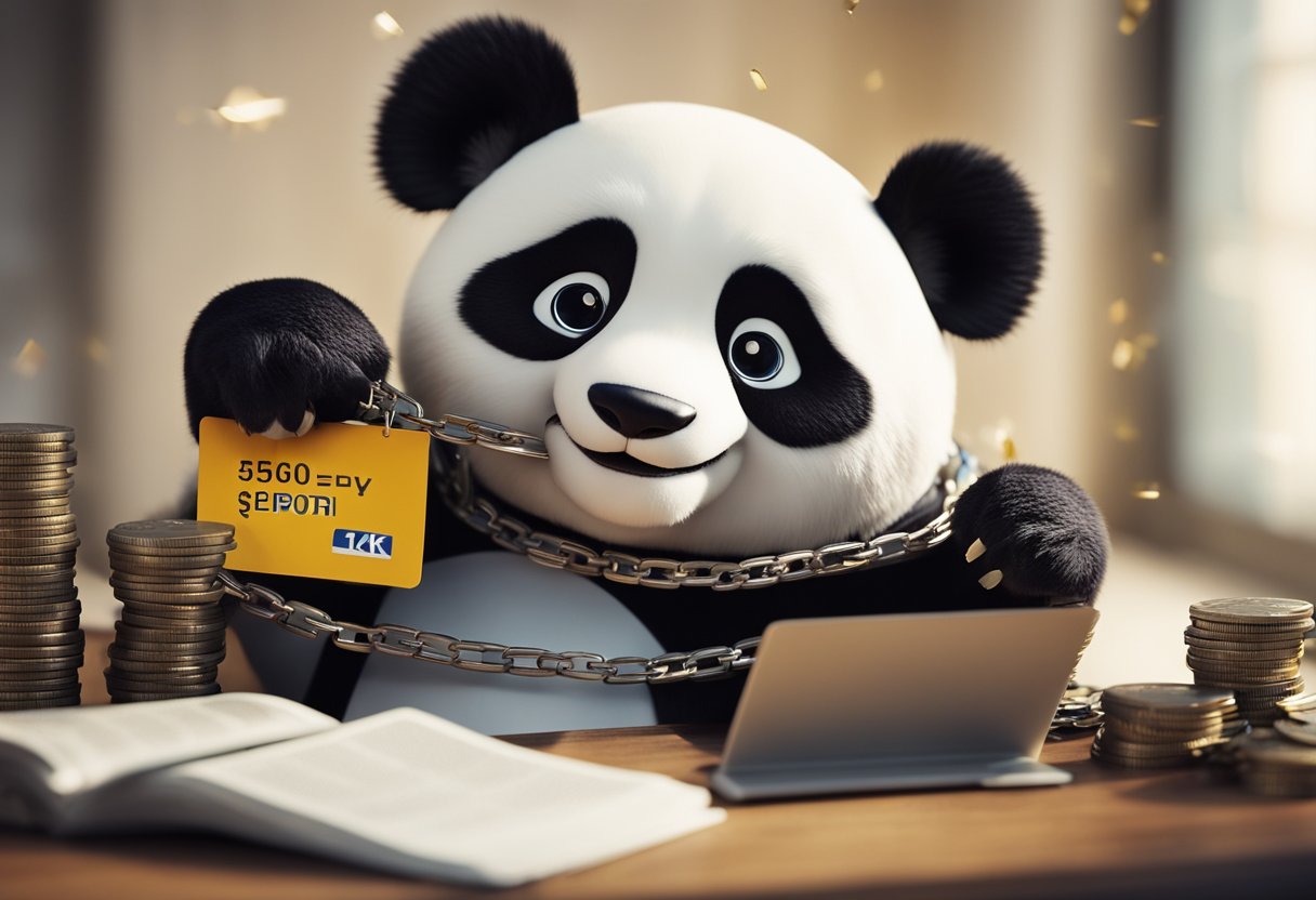 A friendly panda holds a credit report, surrounded by broken chains and a shining credit score