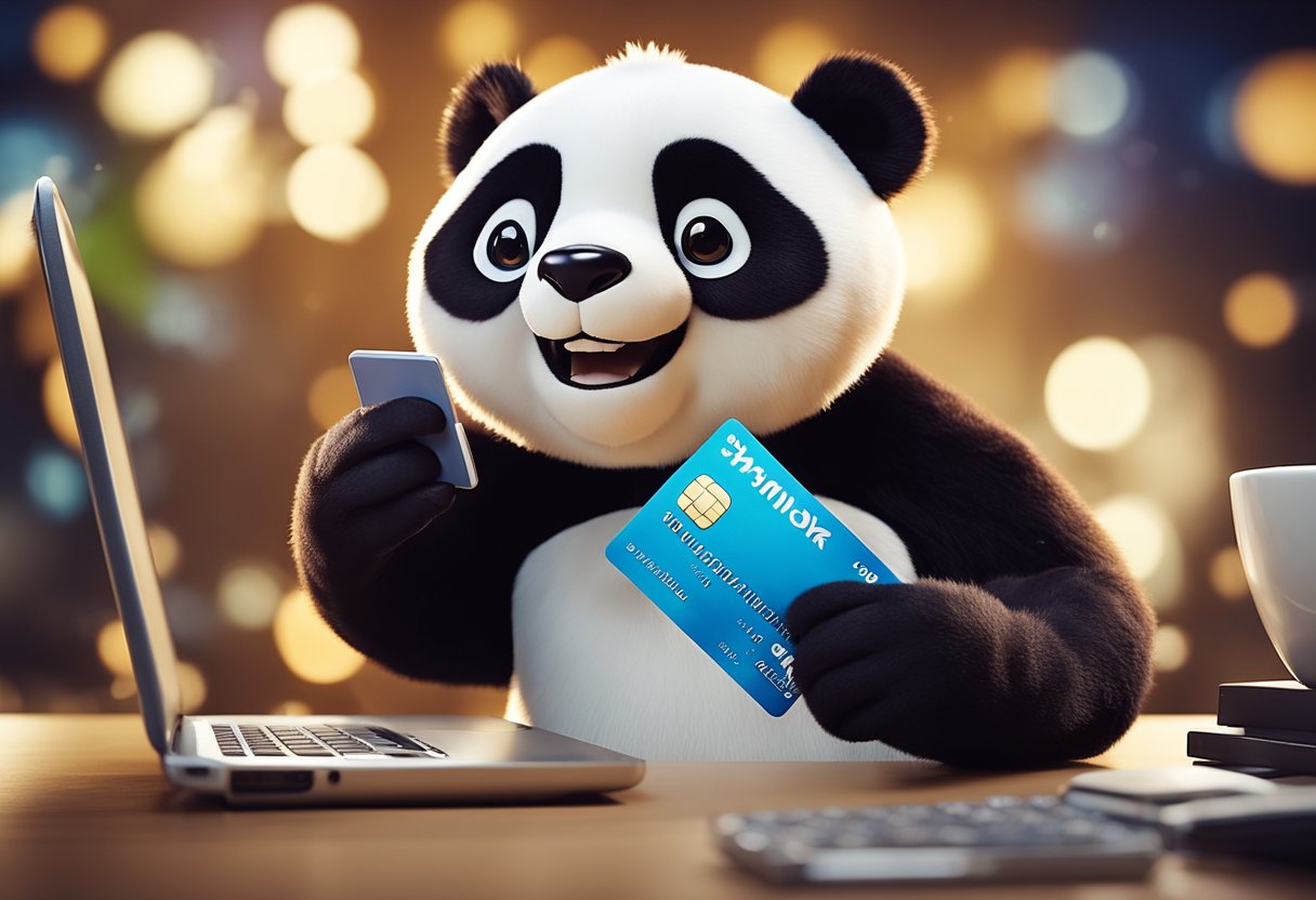 A cheerful panda mascot holding a credit card and a smartphone, surrounded by financial icons and symbols, with a friendly smile on its face