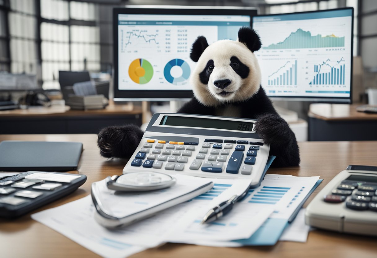 A panda sits at a desk, surrounded by financial charts and graphs. It looks focused and determined, with a pen in one paw and a calculator in the other