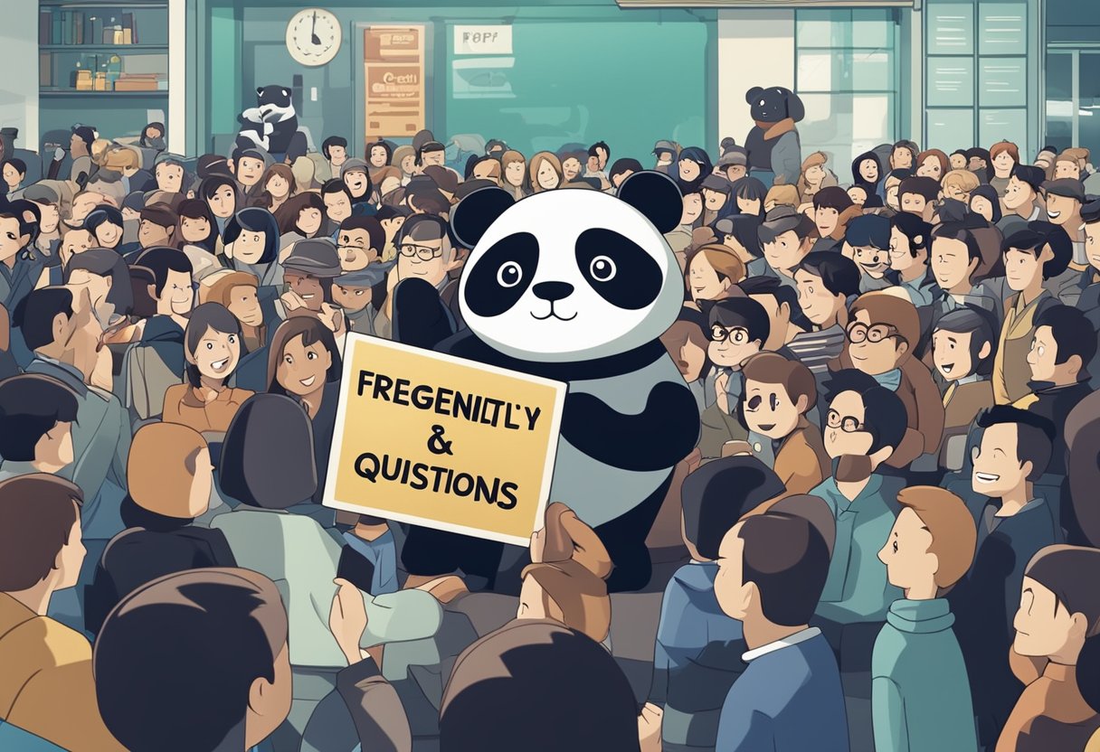 A panda mascot holding a "Frequently Asked Questions" sign, surrounded by question marks and a crowd of curious onlookers