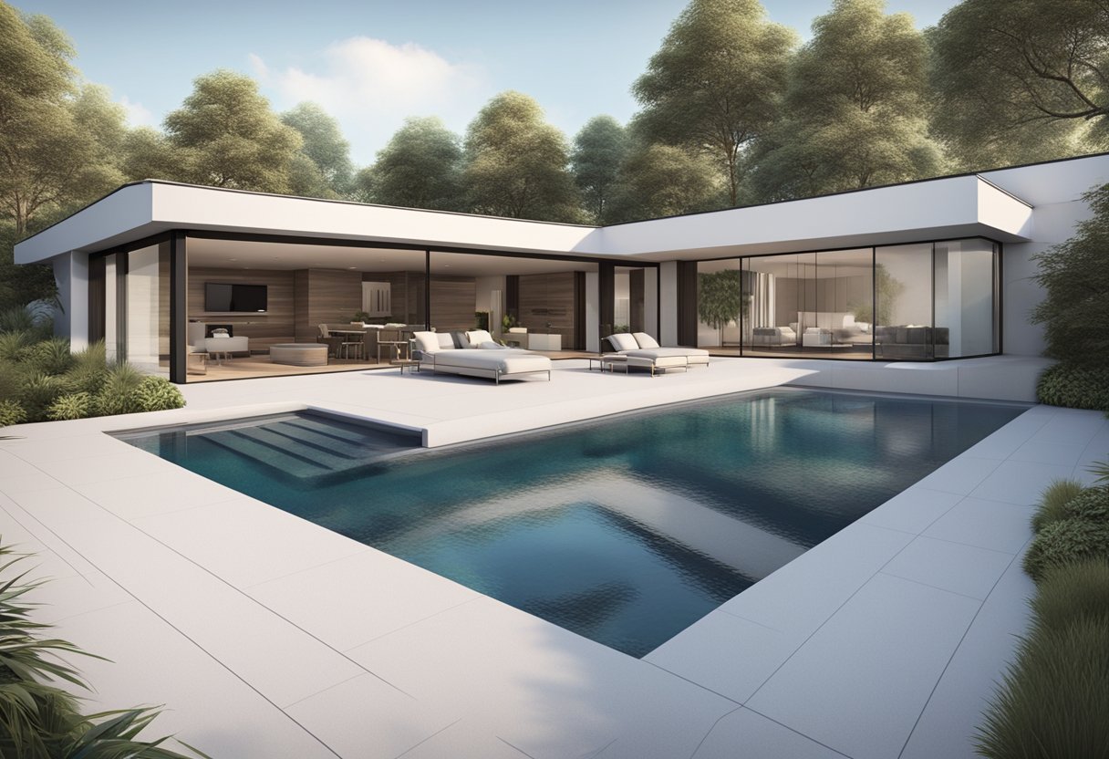 A sleek, modern pool with a designer cover, featuring clean lines and high-quality materials. The cover is securely fastened and complements the pool's aesthetic