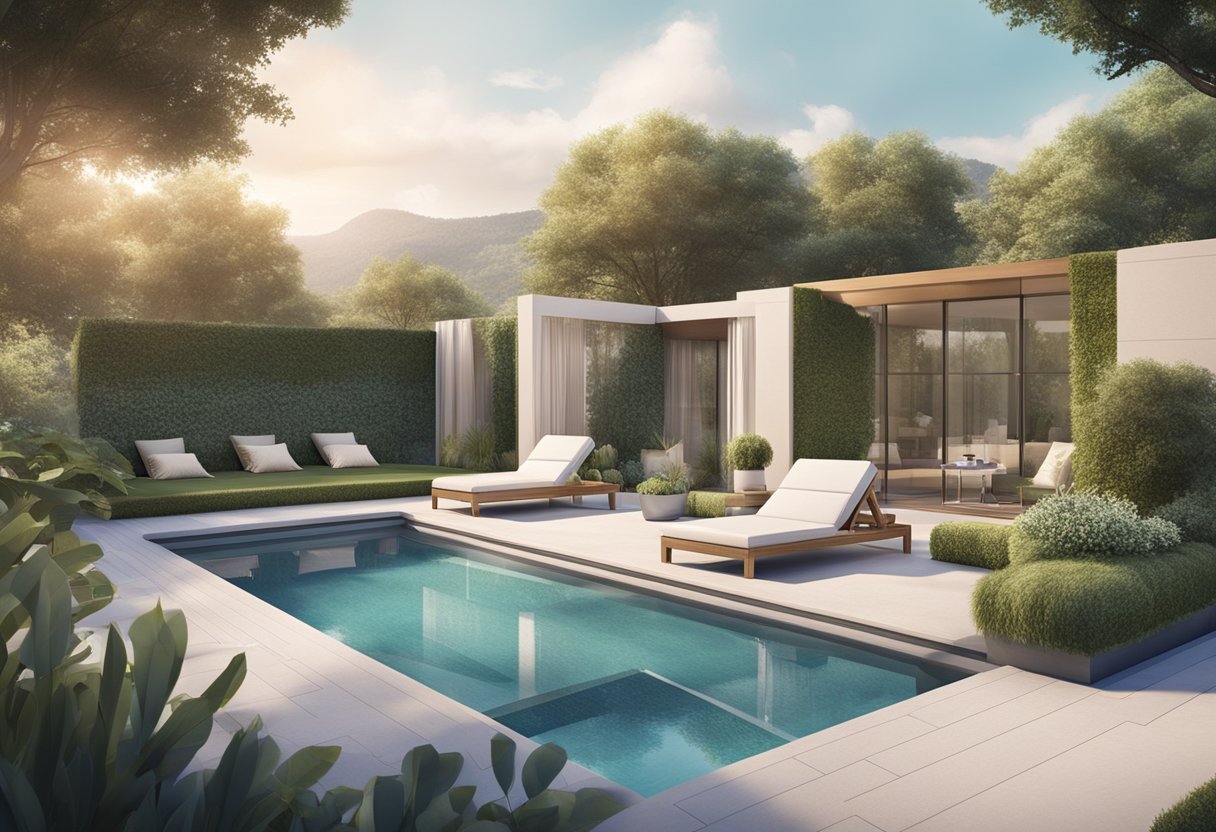 A luxurious pool with a designer cover, surrounded by elegant landscaping and stylish outdoor furniture