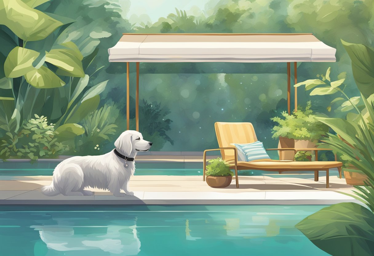 A dog lounges on a safety cover over a sparkling pool, surrounded by lush greenery. A cat sits nearby, watching the scene