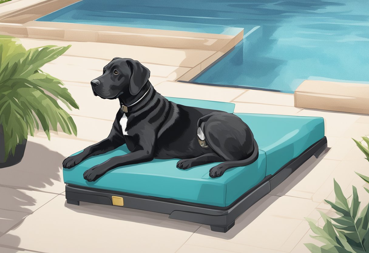 A pet lounges beside a pool with a safety cover securely in place