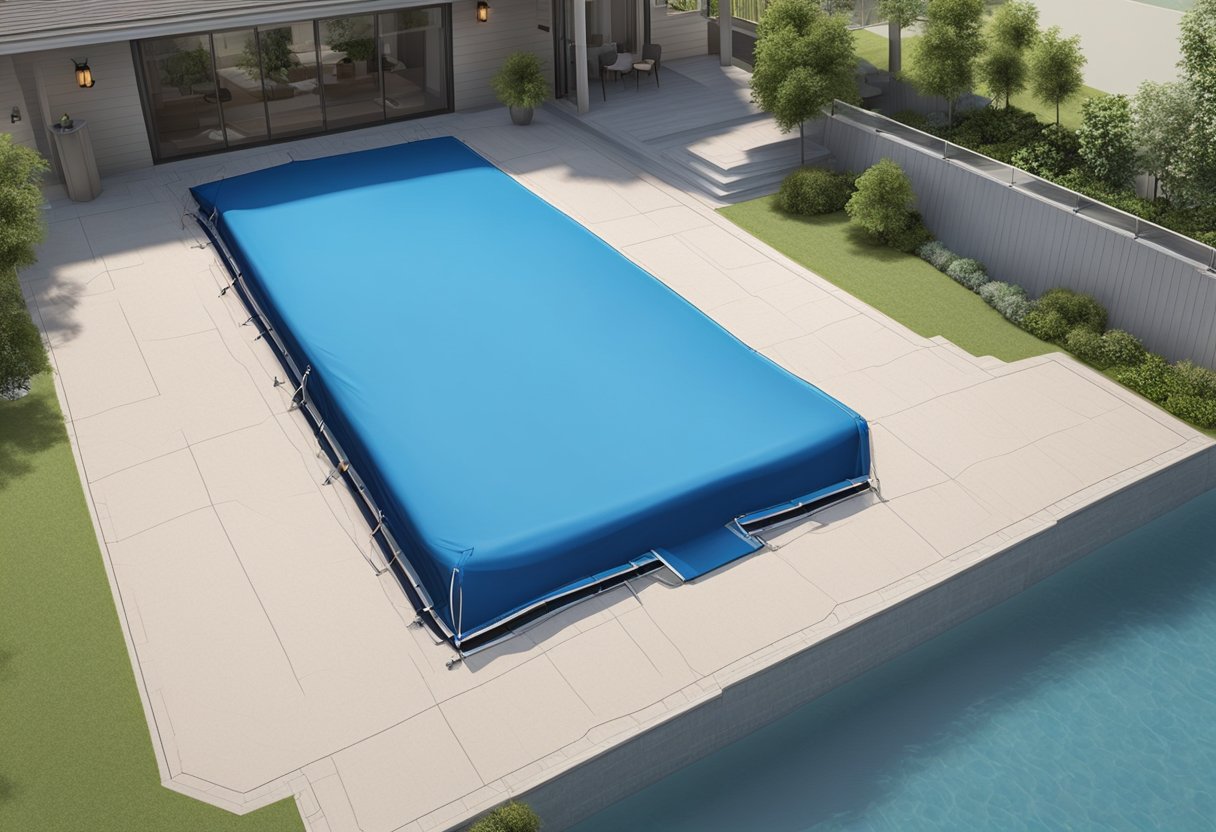 A secure pool cover stretches tightly over a clean, clear pool, with sturdy fastening straps and a smooth, non-porous surface