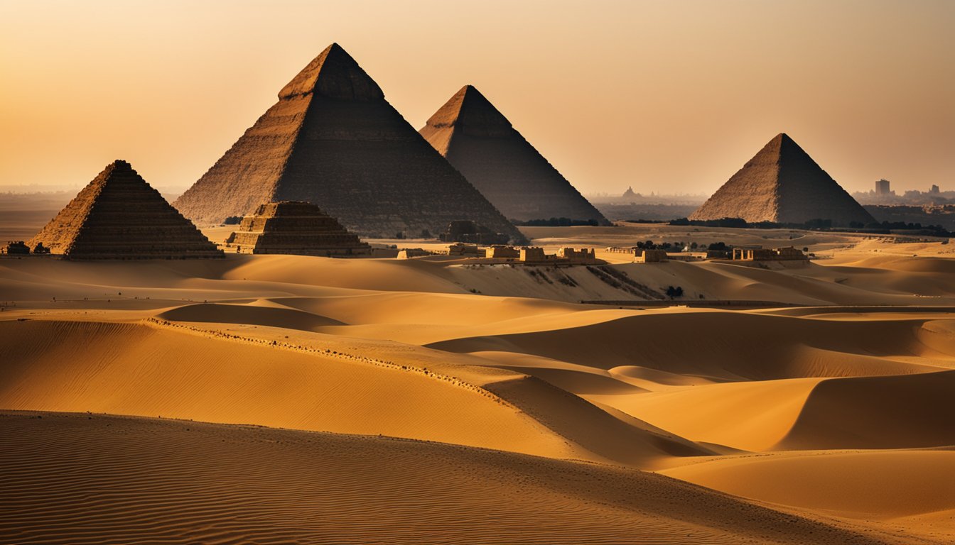 The sun sets behind the towering Great Pyramids of Giza, casting long shadows across the desert sands. The ancient structures stand in stark contrast to the modern city skyline in the distance