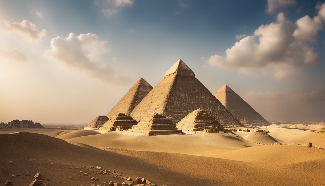 The Great Pyramids of Giza stand tall and majestic against the backdrop of the desert, their massive stone blocks forming a timeless symbol of ancient Egyptian engineering and ingenuity