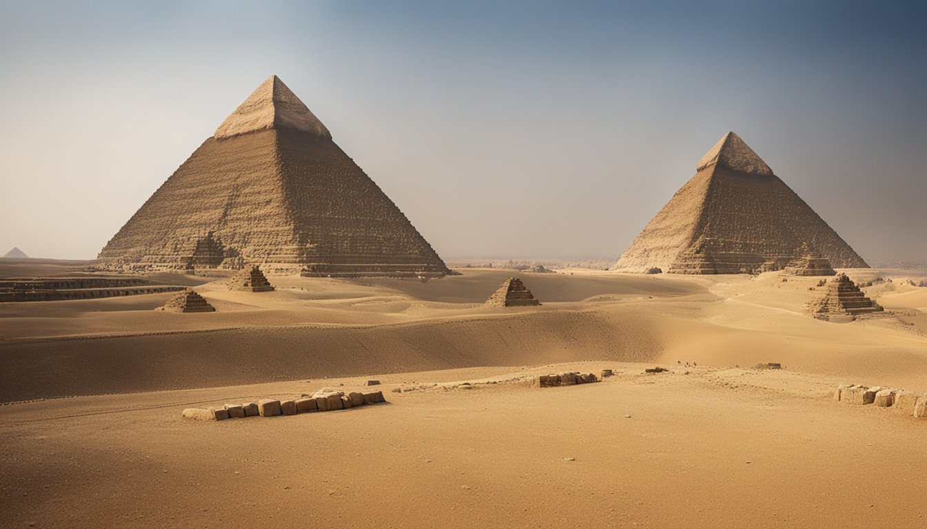 The Great Pyramids of Giza stand tall against the desert backdrop, with their towering triangular shapes and ancient stone blocks creating a sense of awe and wonder