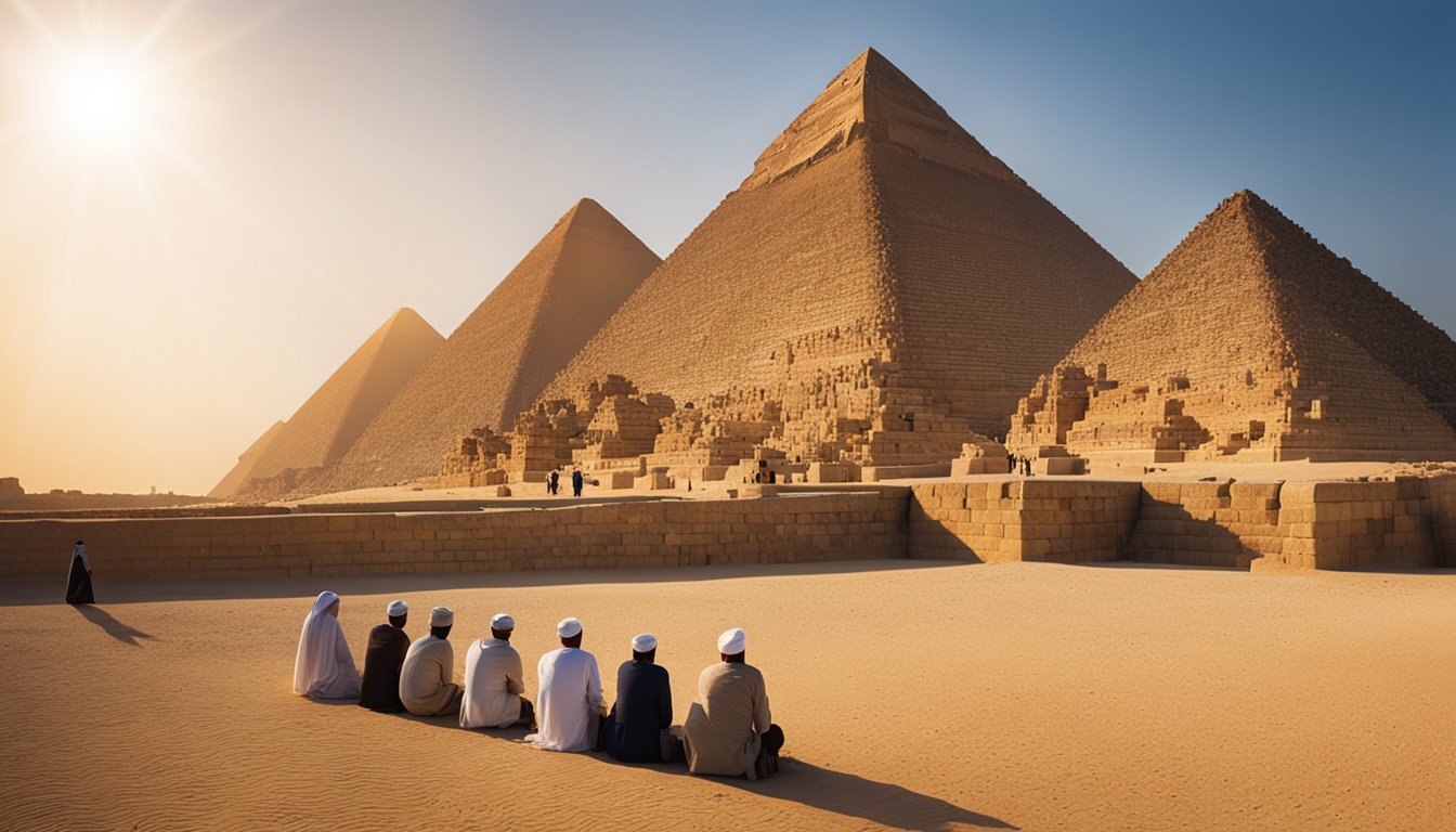 The sun sets behind the Great Pyramids of Giza, casting long shadows across the ancient stones. A group of worshippers gather at the base, offering prayers and incense to the gods