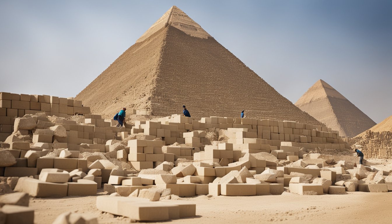 Workers use massive blocks to build the Great Pyramids, using ramps and pulleys to move the heavy stones into place