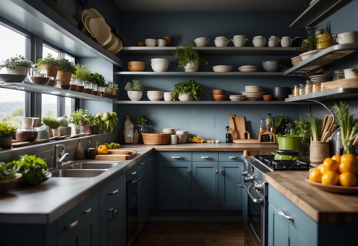 A clean kitchen with Hygiene in der Küche surfaces, organized utensils, and fresh ingredients. Proper labeling and storage of food items